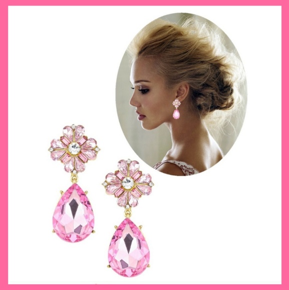 Large Pink Teardrop Earrings 2 1/4" Sparkling - Picture 3 of 3